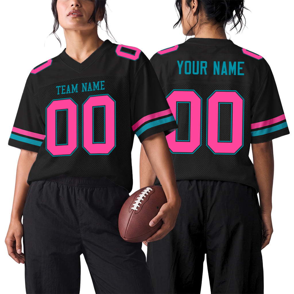 Custom Black Pink-Aqua Mesh Football Jersey