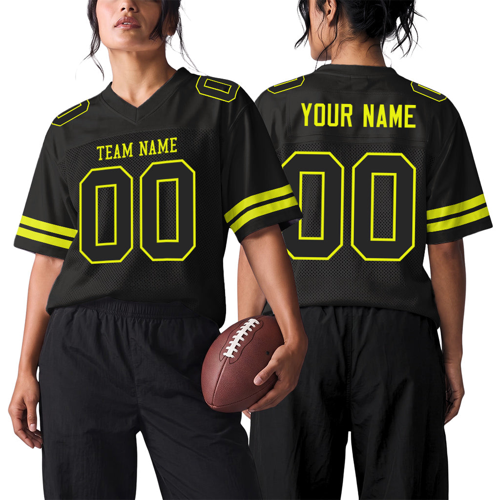 Custom Black Neon Yellow Mesh Football Jersey