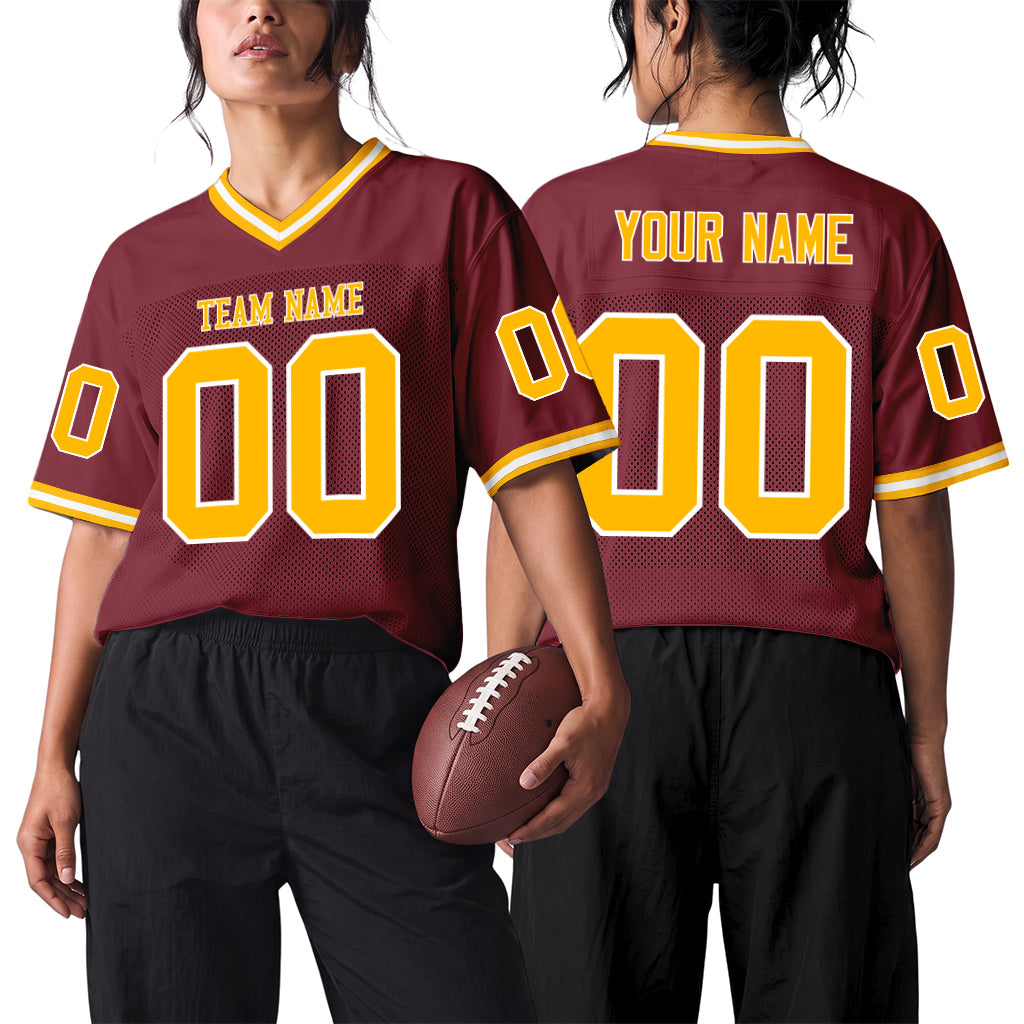 Custom Burgundy Gold-White Mesh Football Jersey