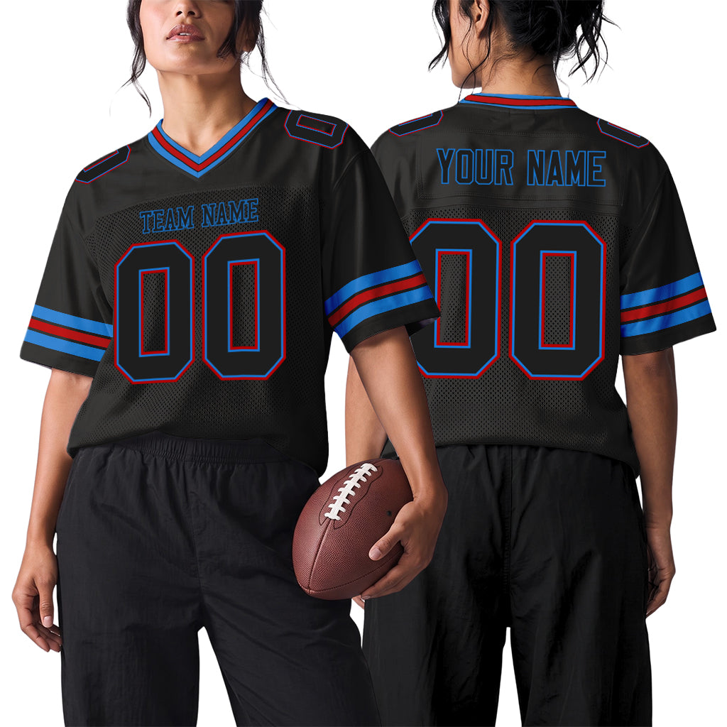 Custom Black Electric Blue-Red Mesh Football Jersey