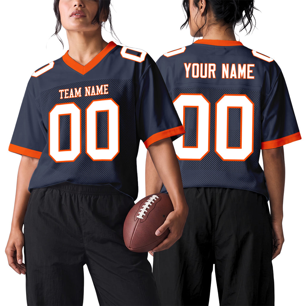 Custom Navy White-Orange Mesh Football Jersey