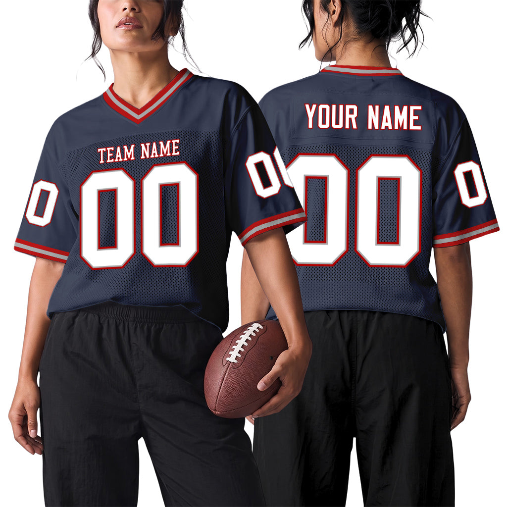 Custom Navy White-Red Mesh Football Jersey