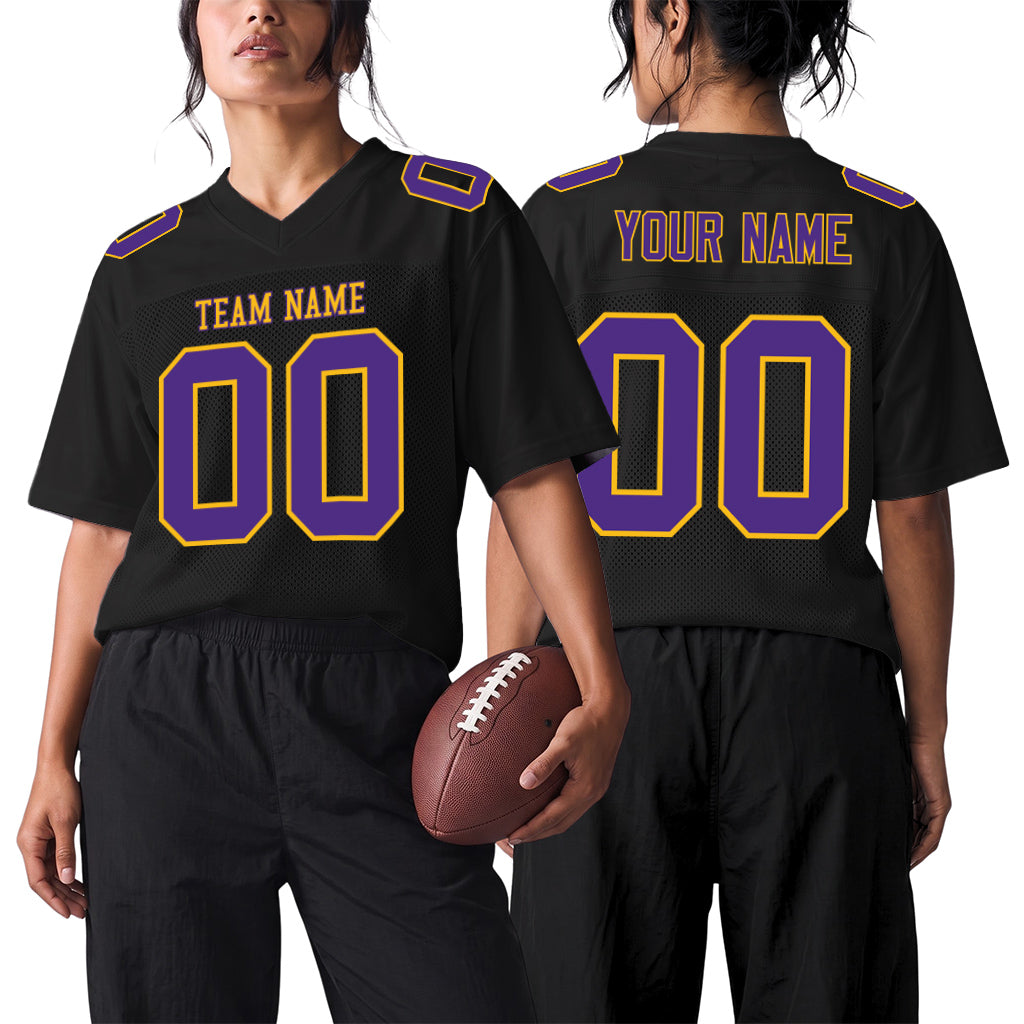 Custom Black Purple-Gold Mesh Football Jersey