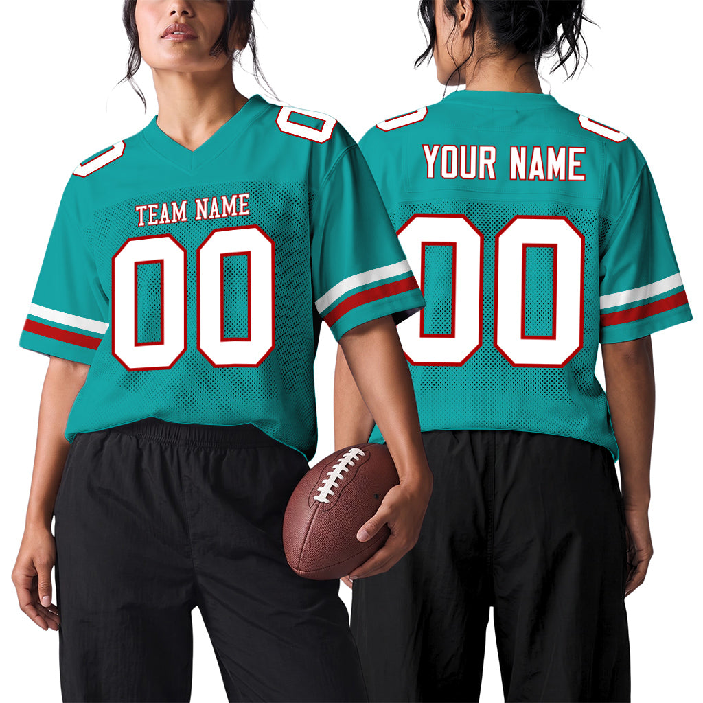 Custom Aqua White-Red Mesh Football Jersey