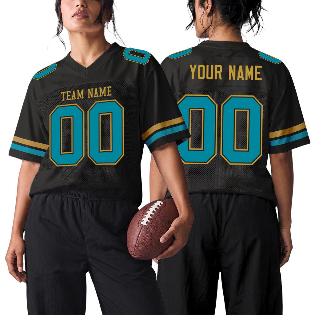 Custom Black Teal-Old Gold Mesh Football Jersey