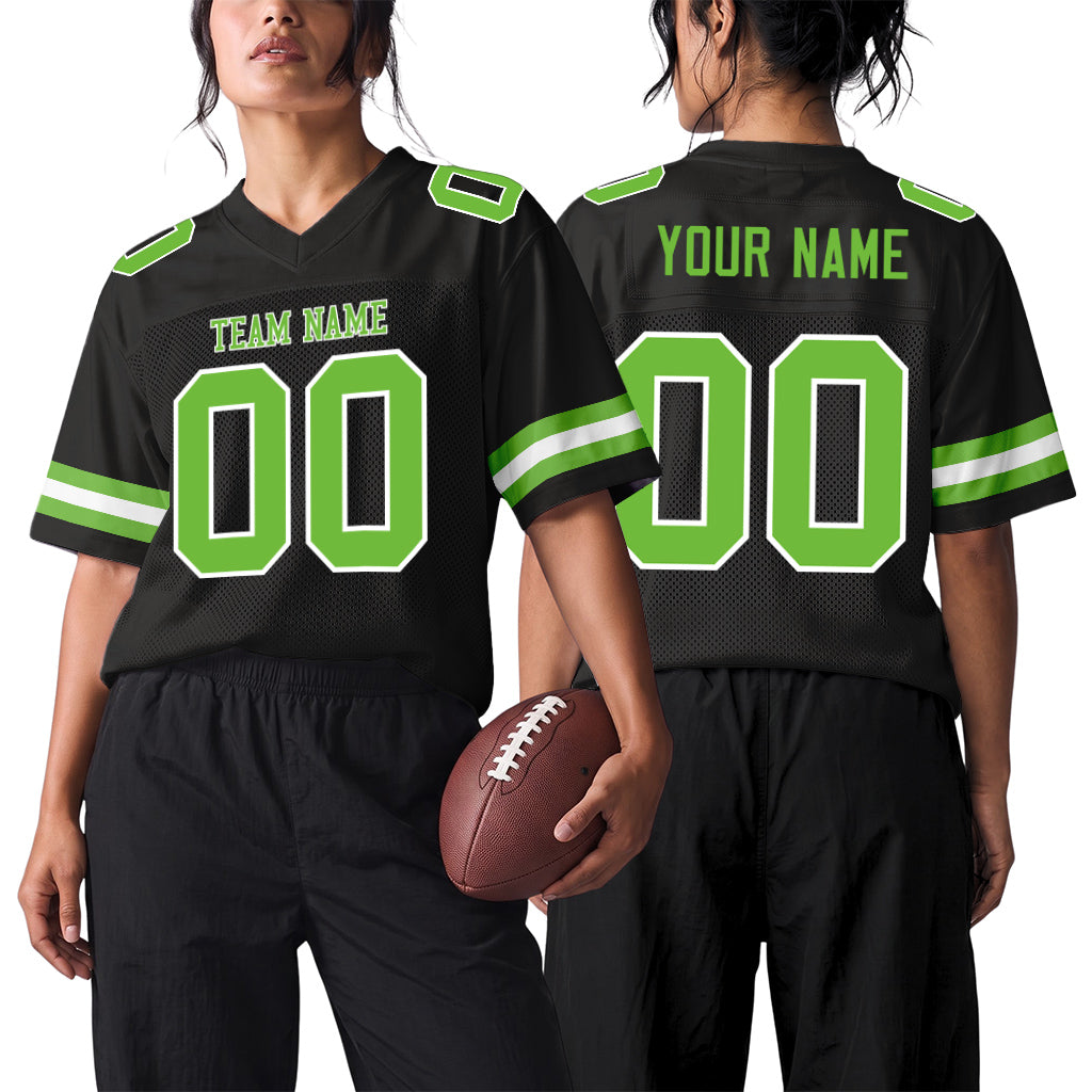 Custom Black Neon Green-White Custom Name Mesh Football Jersey