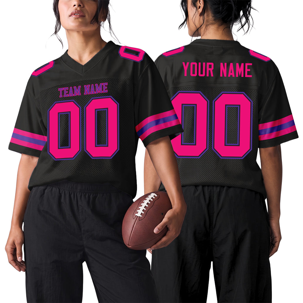 Custom Black Hot Pink-Purple Mesh Football Jersey