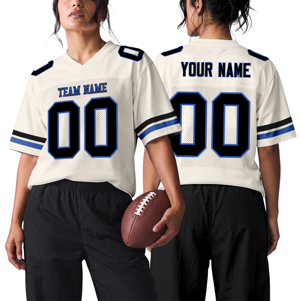 Custom Cream Blue-Black Mesh Football Jersey