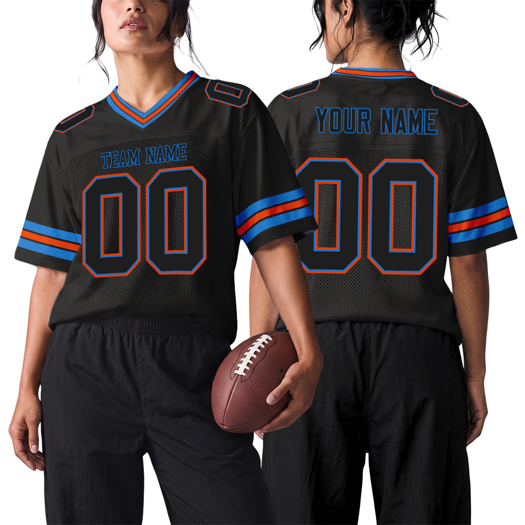Custom Black Electric Blue-Orange Mesh Football Jersey