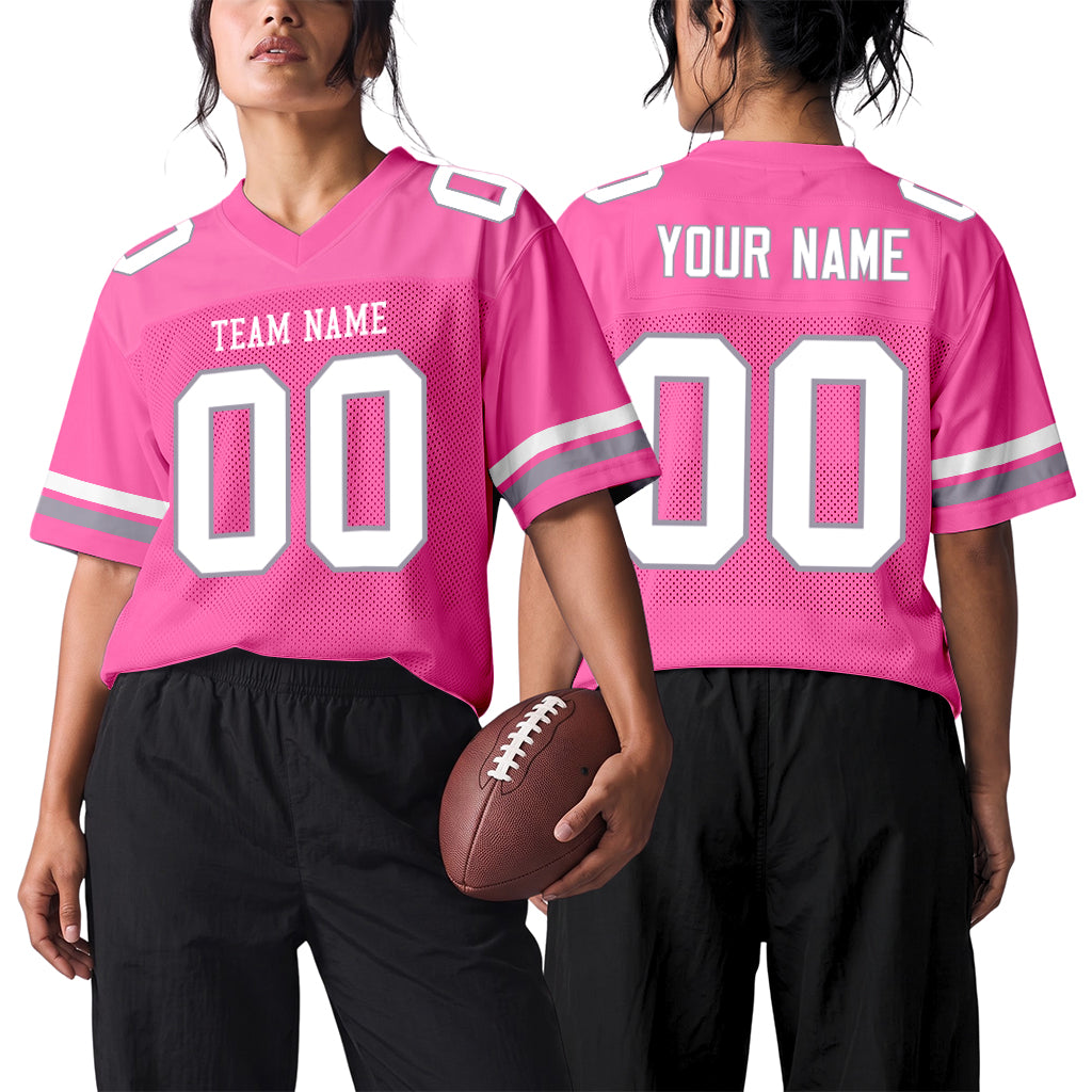 Custom Pink White-Light Gray Mesh Football Jersey