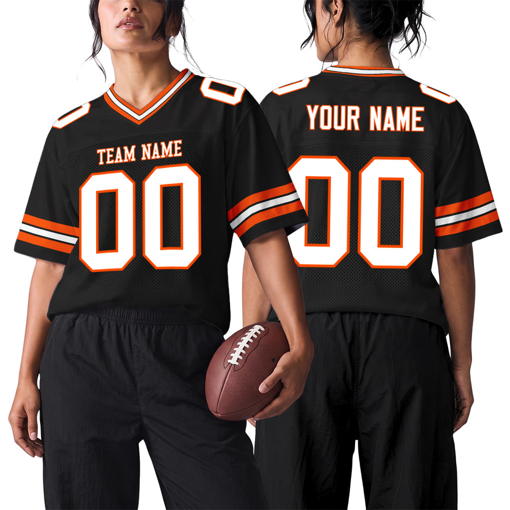 Custom Black White-Orange Mesh Football Jersey