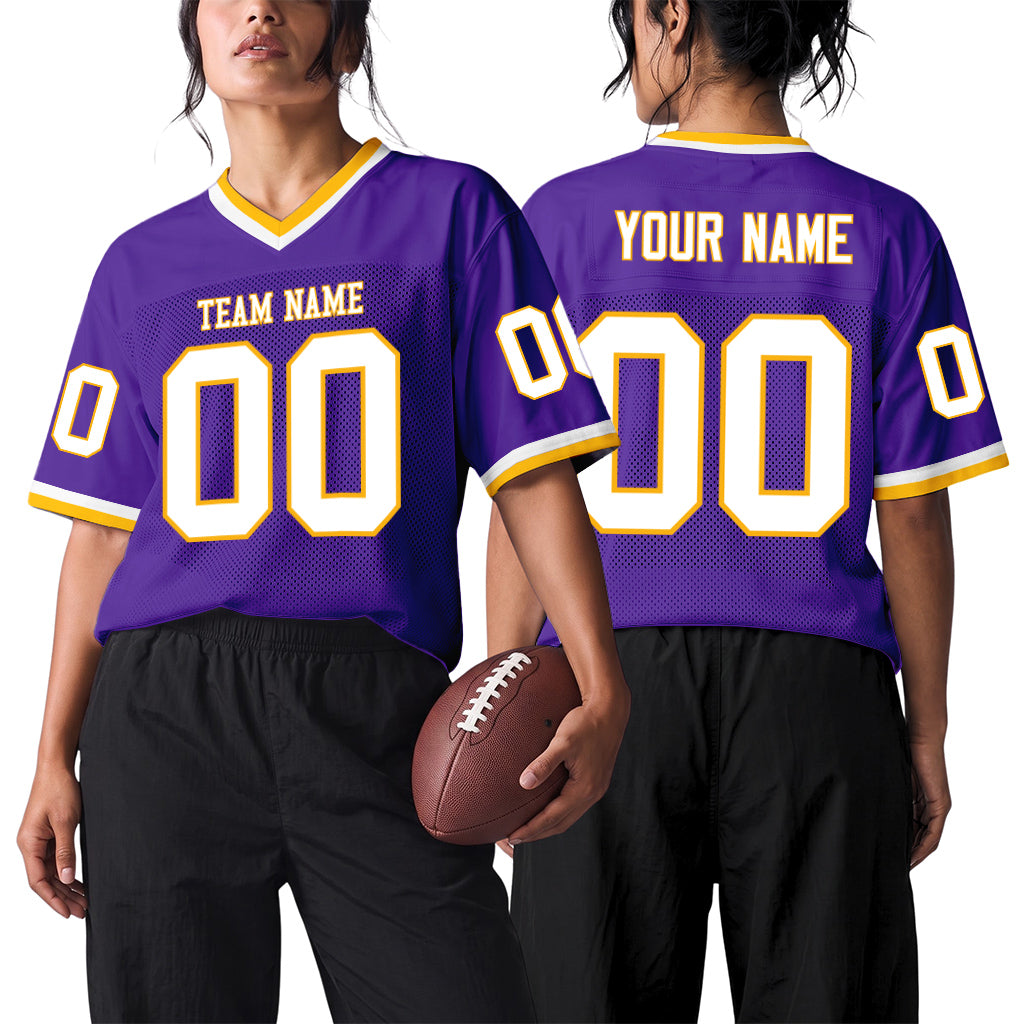 Custom Purple White-Gold Mesh Football Jersey
