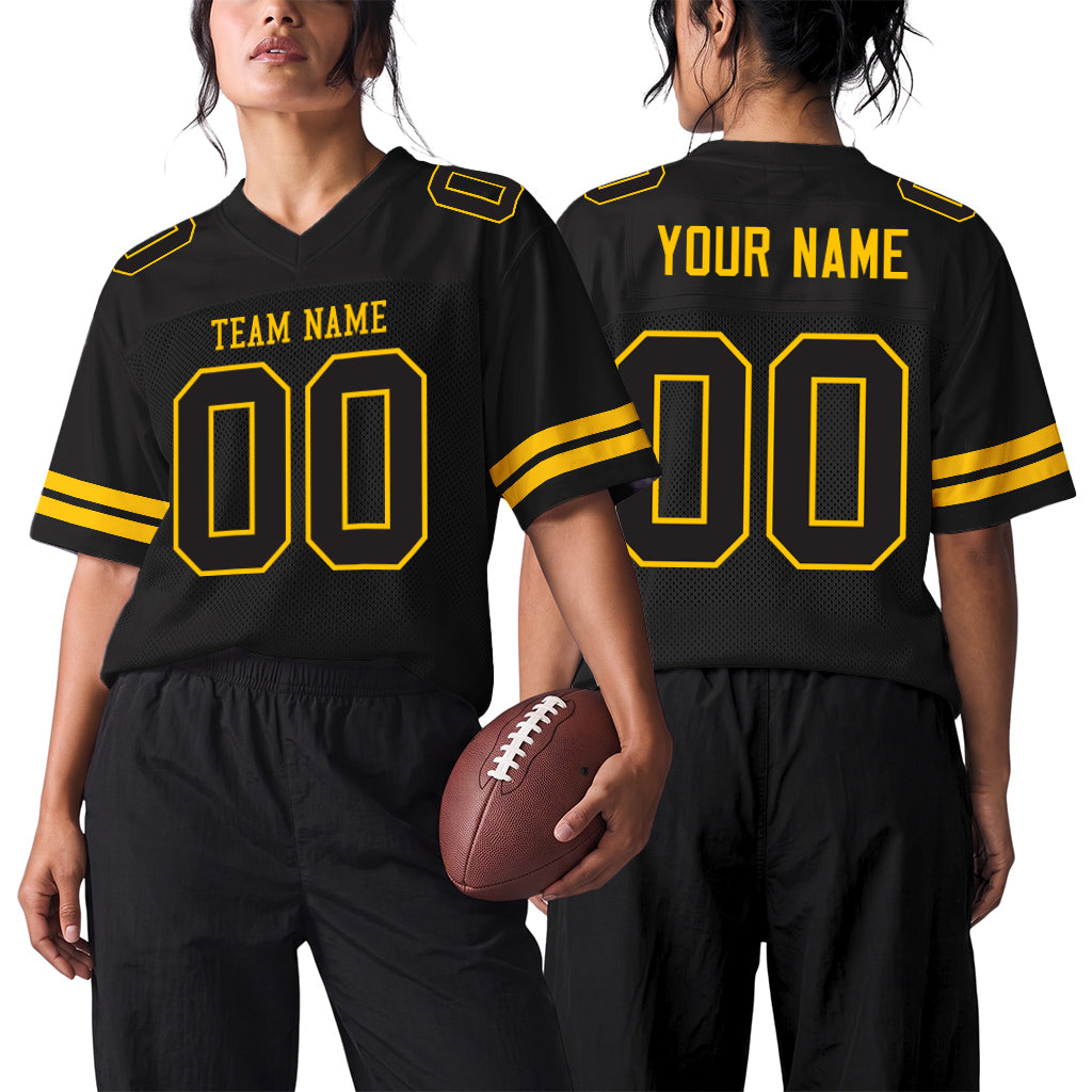 Custom Black Black-Gold Mesh Football Jersey