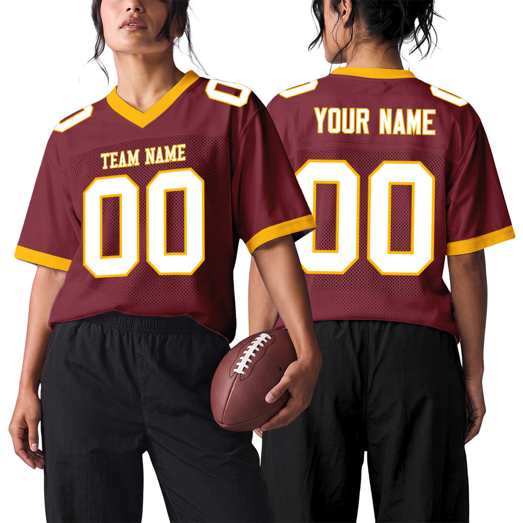 Custom Burgundy White-Gold Mesh Football Jersey
