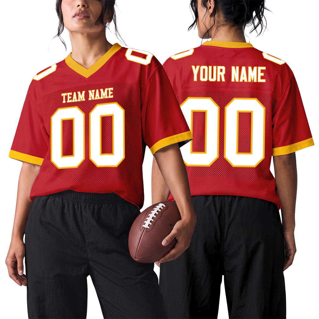 Custom Red White-Gold Mesh Football Jersey