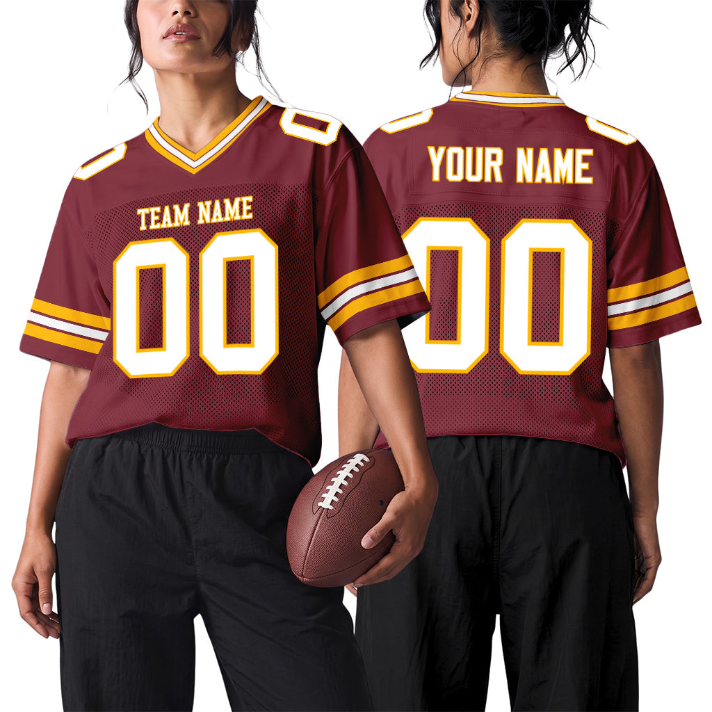 Custom Burgundy White-Gold Mesh Football Jersey
