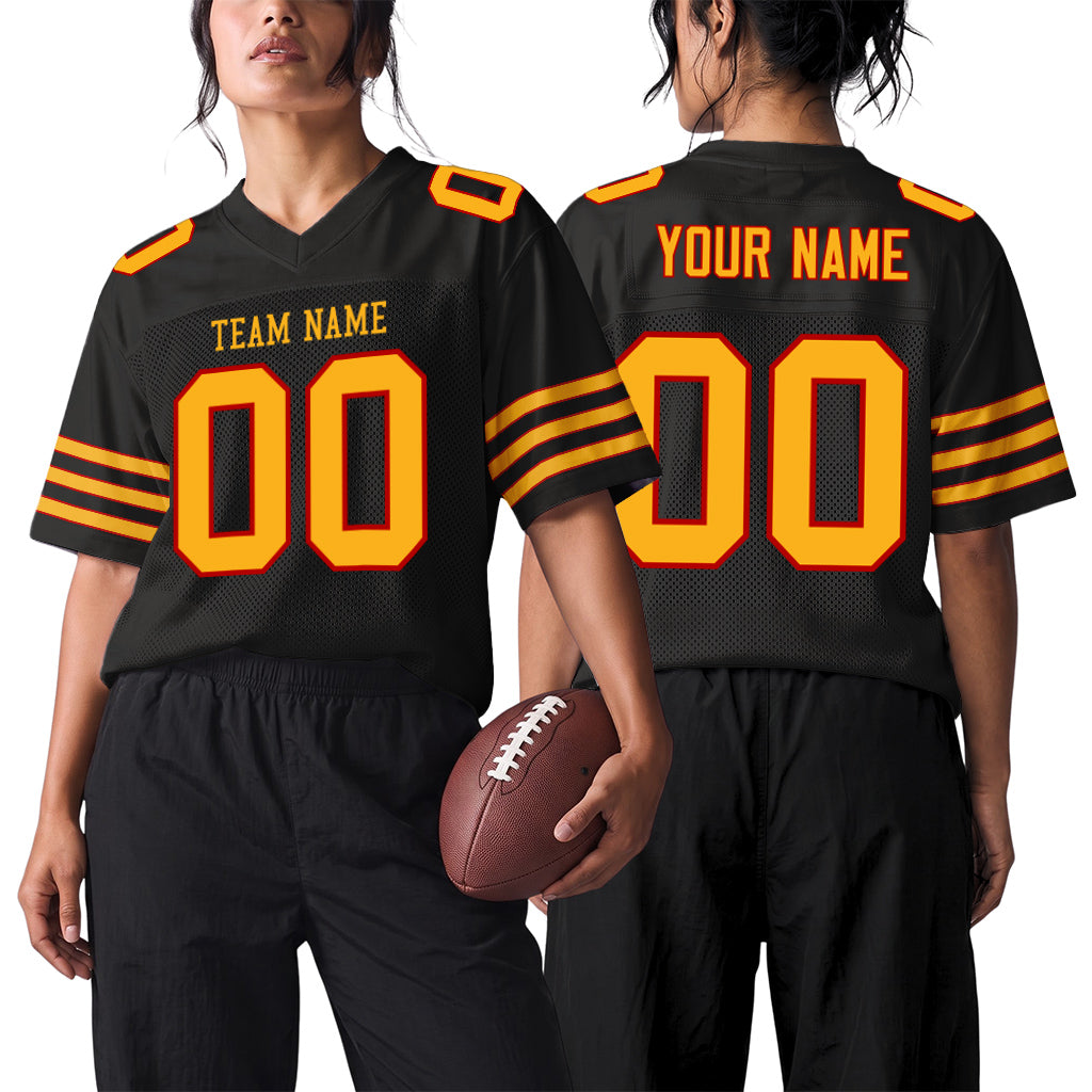 Custom Black Gold-Scarlet Custom Name Mesh Football Jersey