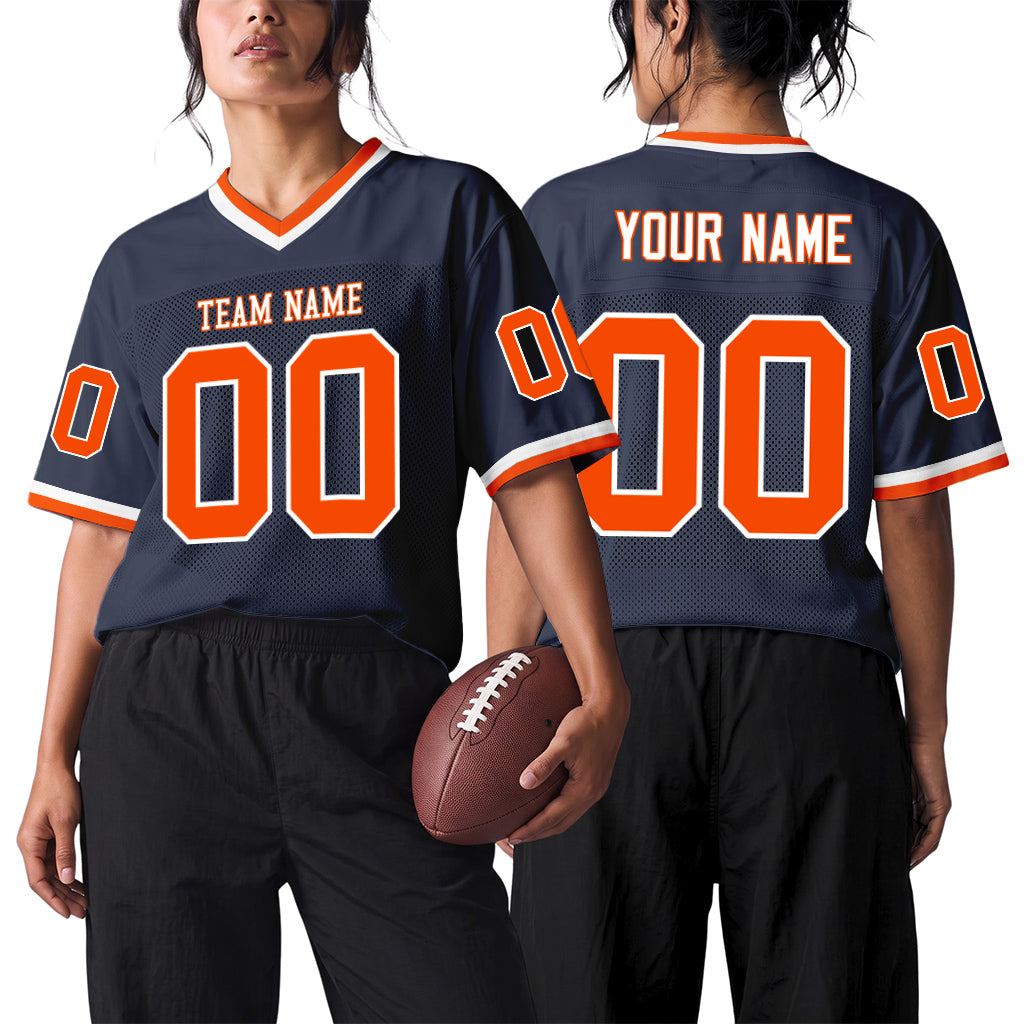 Custom Navy Orange-White Mesh Football Jersey