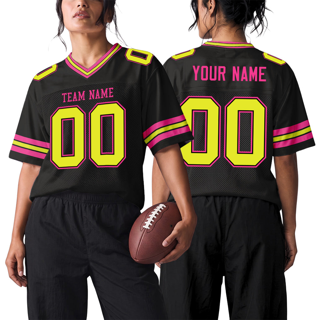 Custom Black Neon Yellow-Pink Mesh Football Jersey