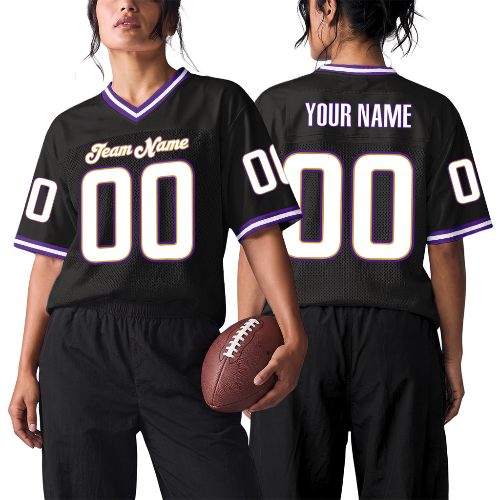 Custom Black White-Purple Mesh Throwback Mesh Football Jersey