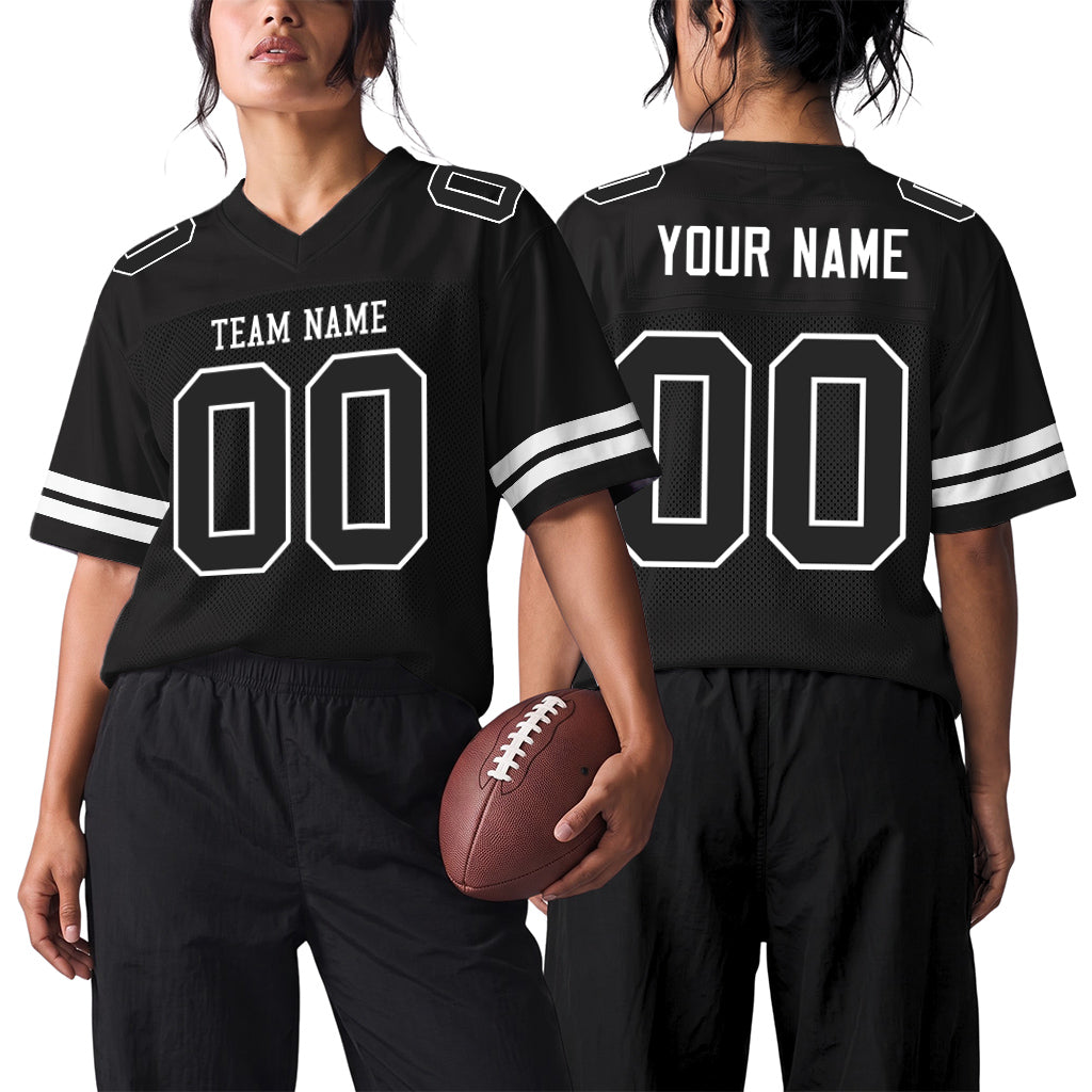 Custom Black Black-White Custom Name Mesh Football Jersey