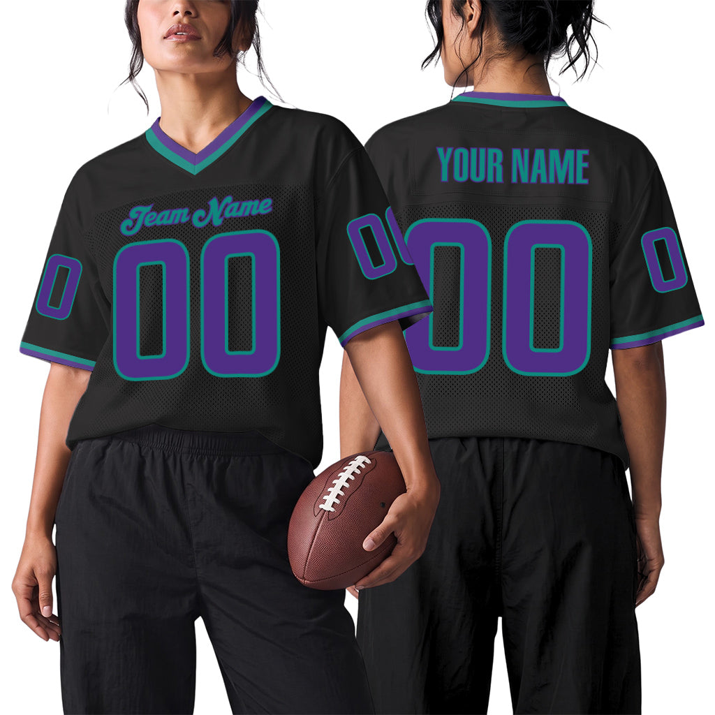 Custom Black Purple-Aqua Mesh Football Jersey