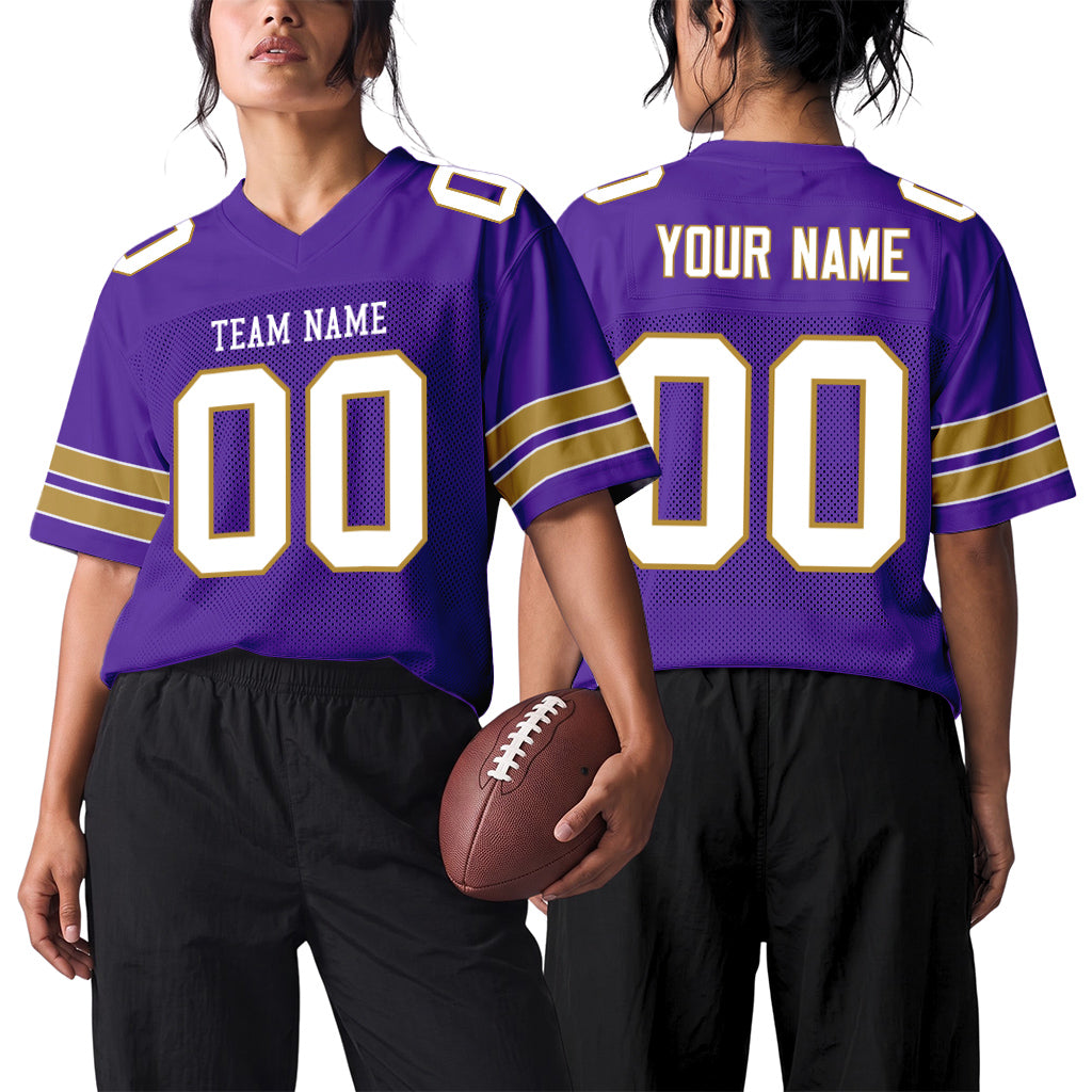 Custom Purple White-Old Gold Mesh Football Jersey