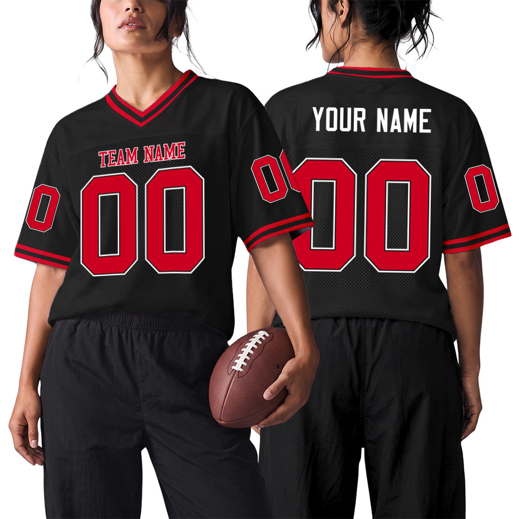 Custom Black Red-White Mesh Football Jersey