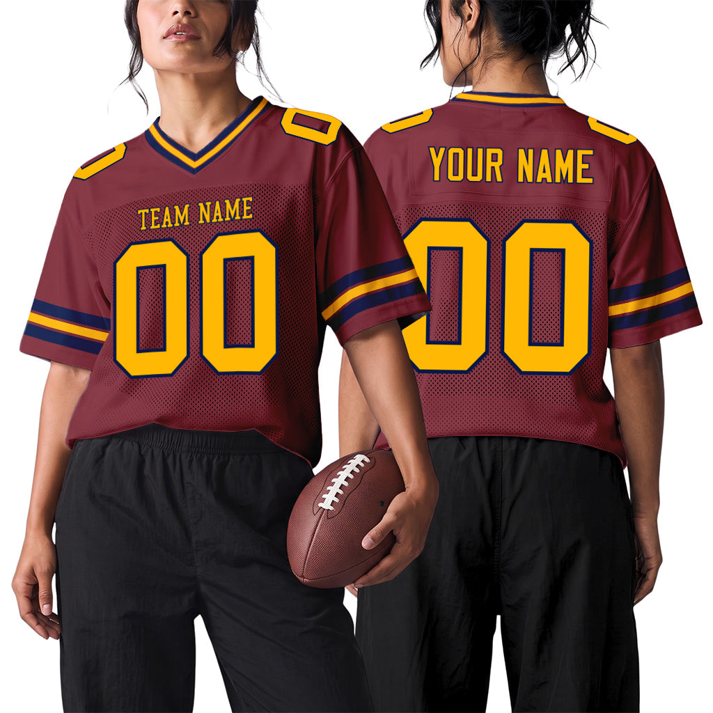 Custom Burgundy Gold-Navy Mesh Football Jersey