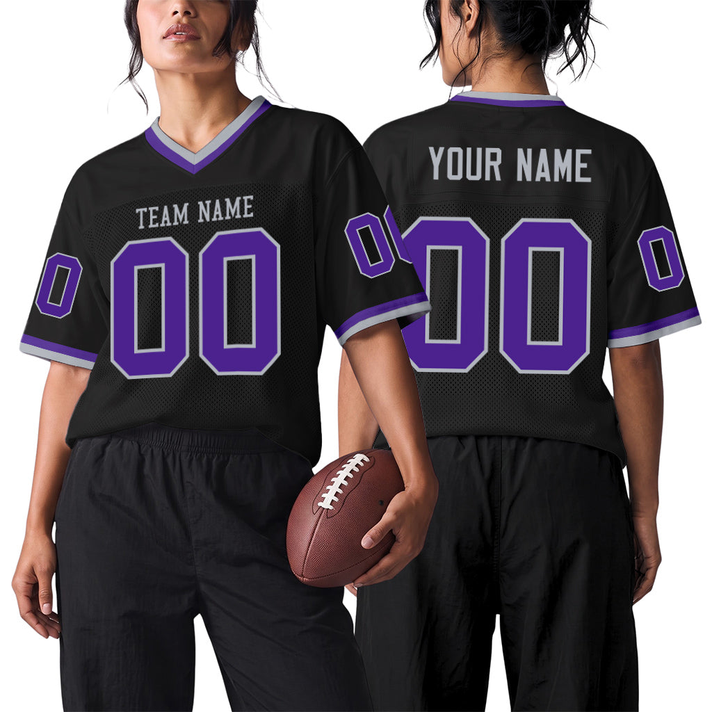 Custom Black Purple-Gray Mesh Football Jersey
