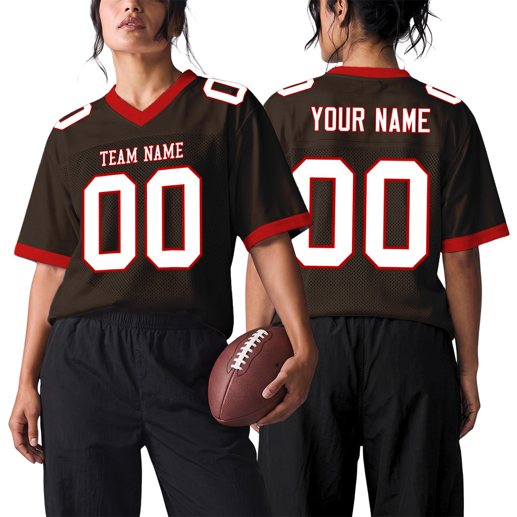 Custom Brown White-Red Mesh Football Jersey