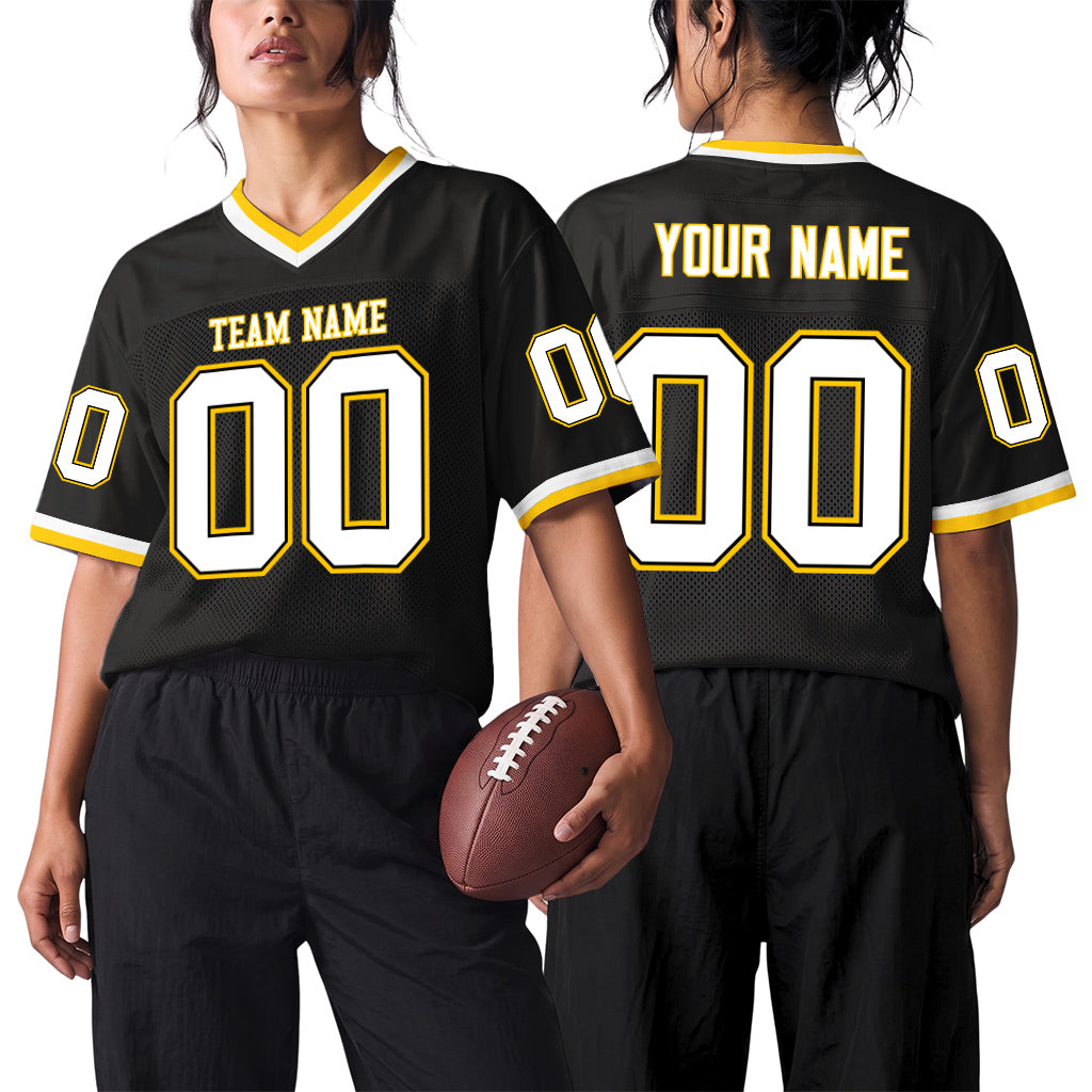 Custom Black White-Gold Mesh Throwback Mesh Football Jersey