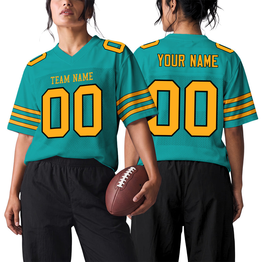 Custom Aqua Gold-Black Mesh Football Jersey