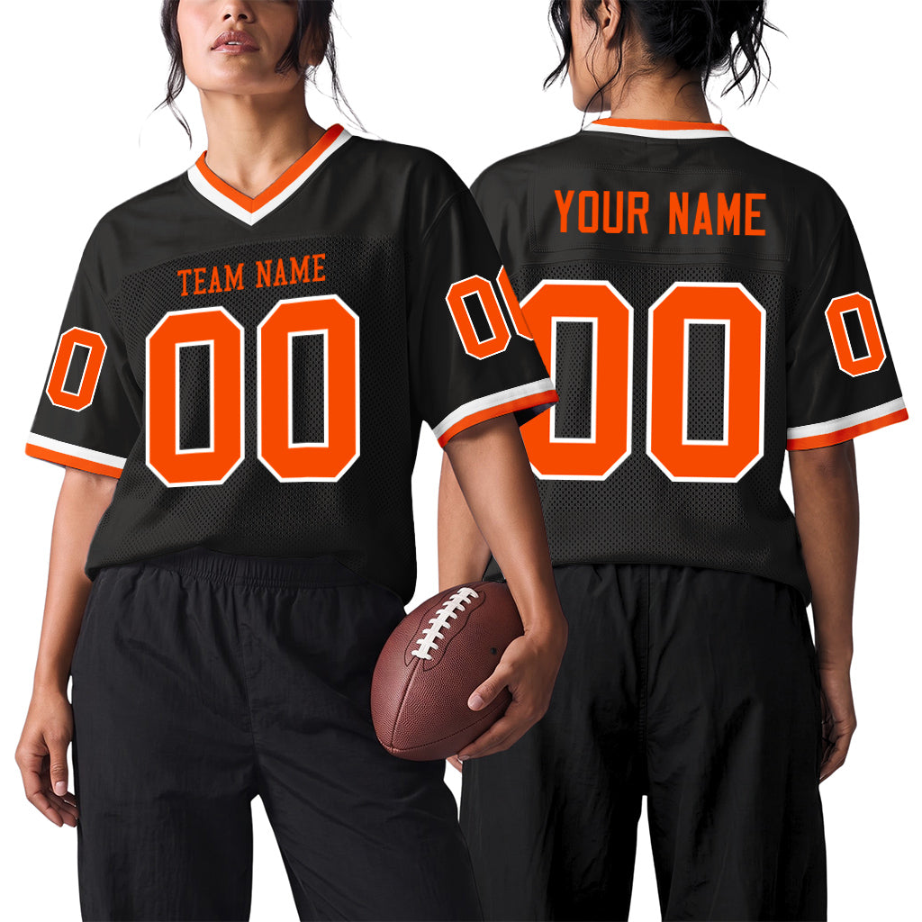 Custom Black Orange-White Mesh Throwback Mesh Football Jersey