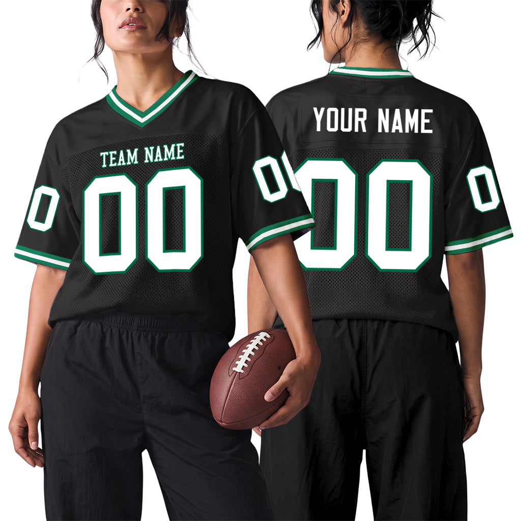 Custom Black White-Kelly Green Mesh Throwback Mesh Football Jersey