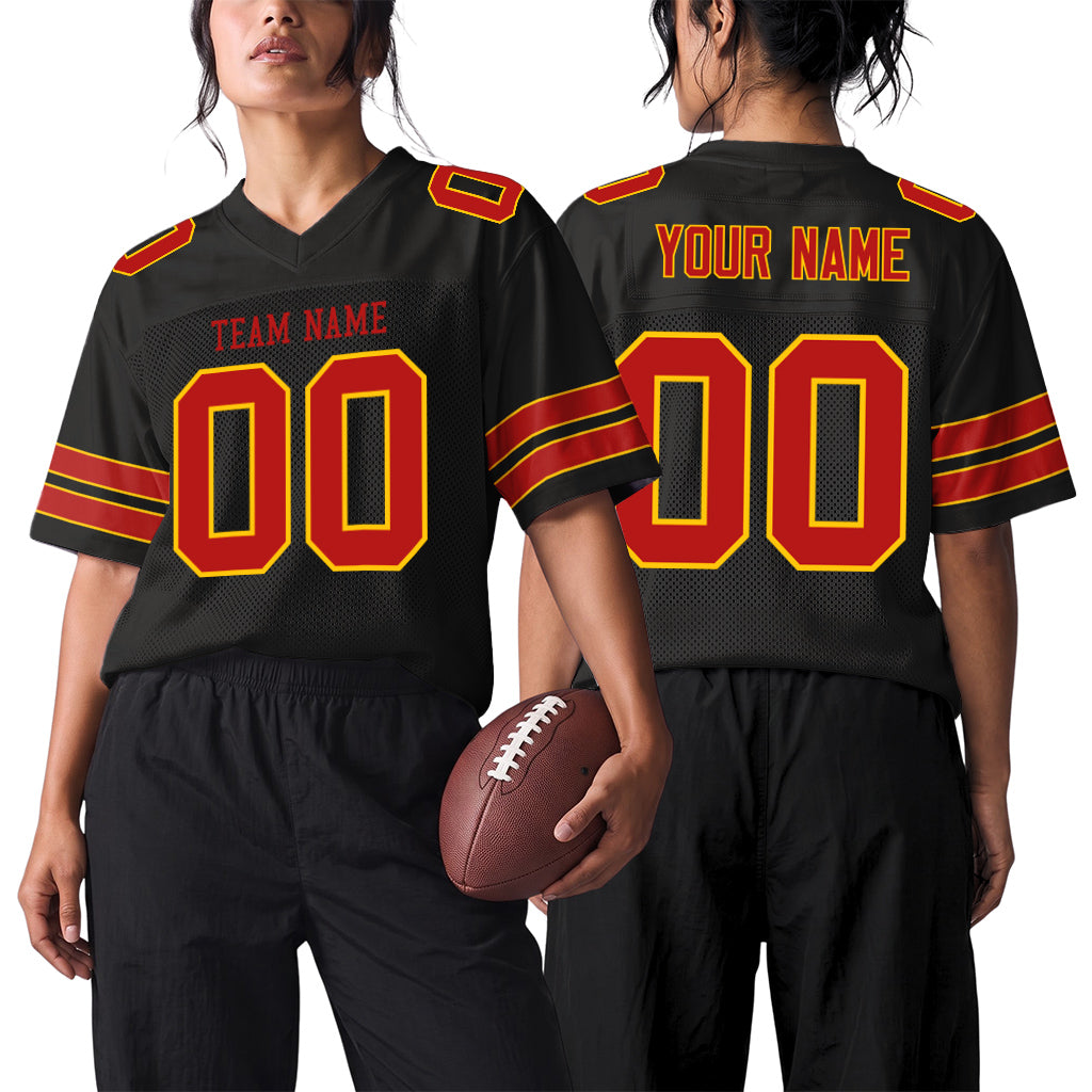 Custom Black Scarlet-Gold Custom Name Mesh Football Jersey