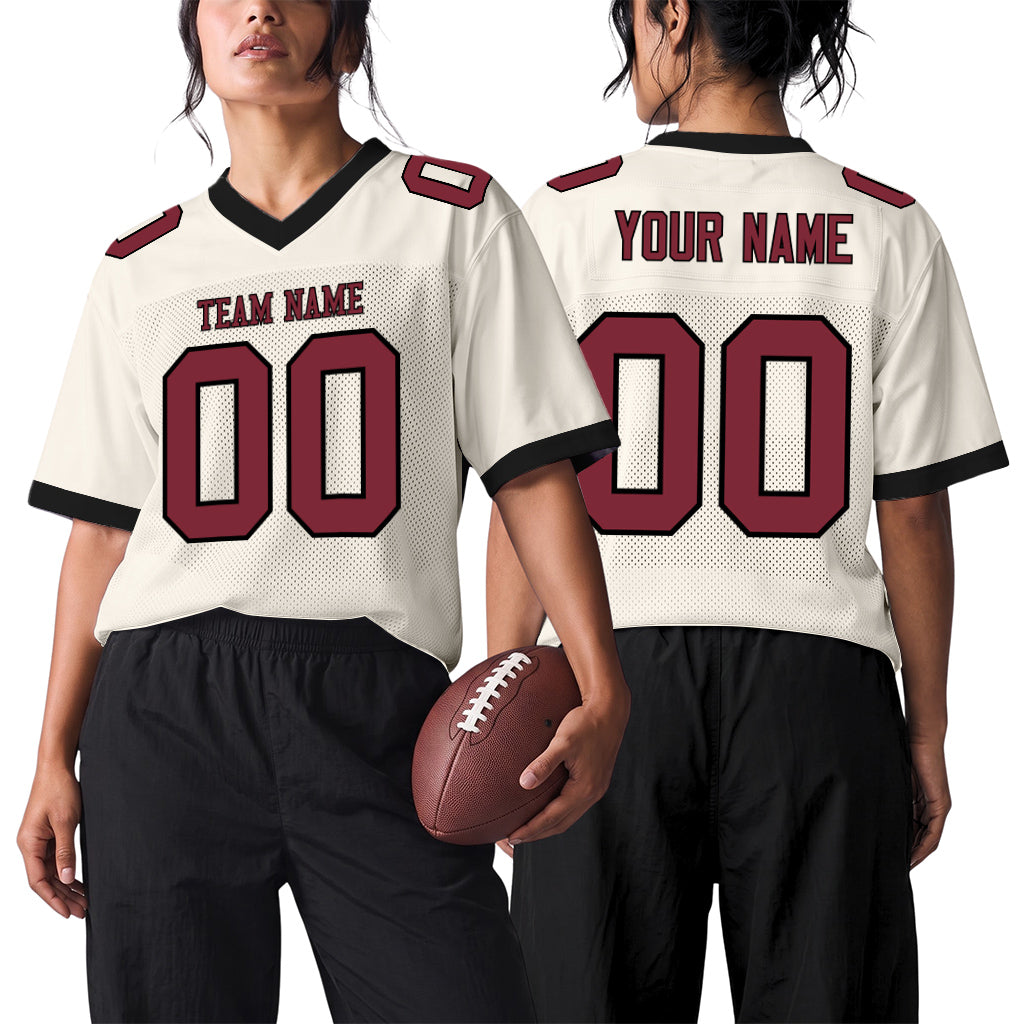 Custom Cream Crimson-Black Mesh Football Jersey