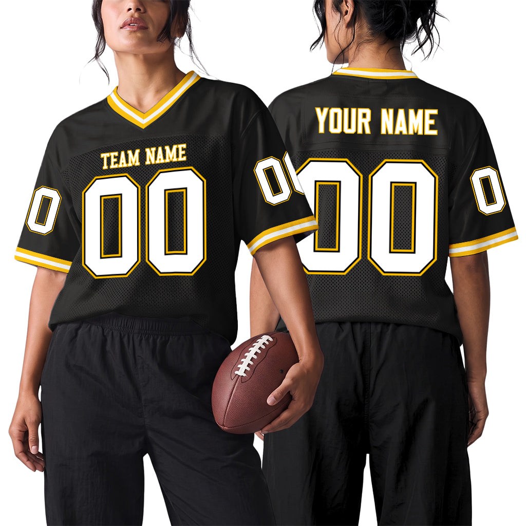 Custom Black White-Gold Mesh Throwback Mesh Football Jersey