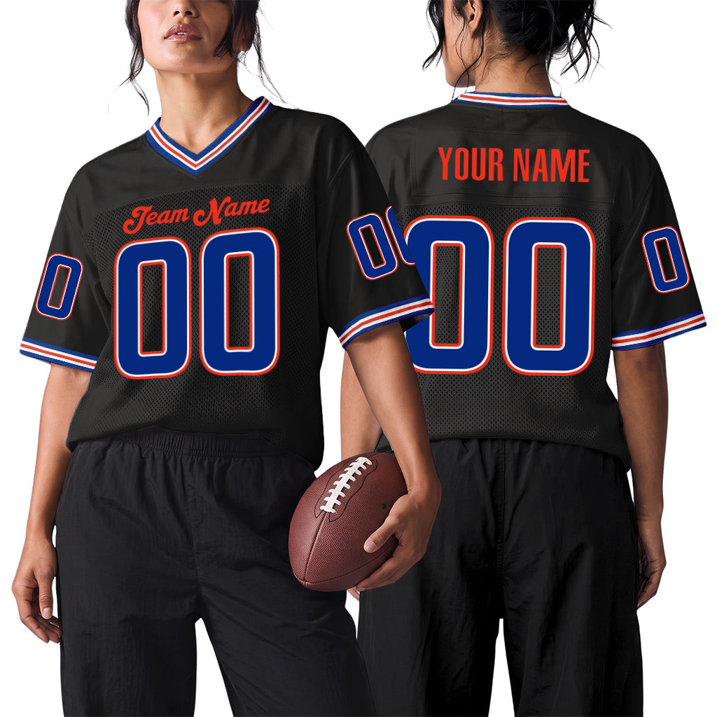 Custom Black Royal-Orange Mesh Throwback Mesh Football Jersey