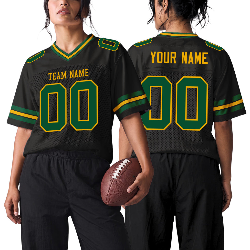 Custom Black Green-Gold Mesh Football Jersey