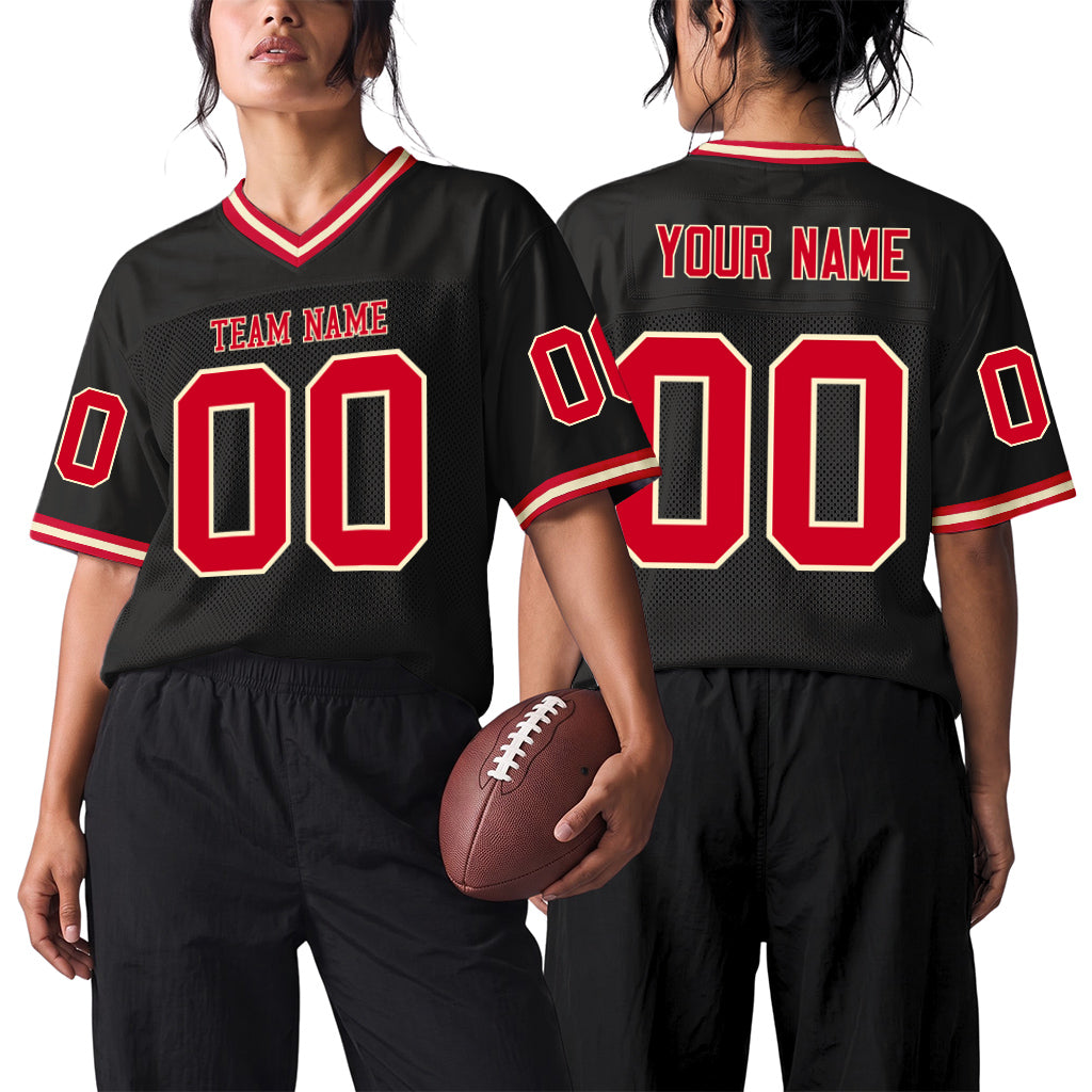Custom Black Red-Cream Mesh Throwback Mesh Football Jersey