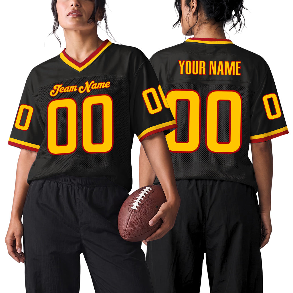Custom Black Gold-Red Mesh Throwback Mesh Football Jersey