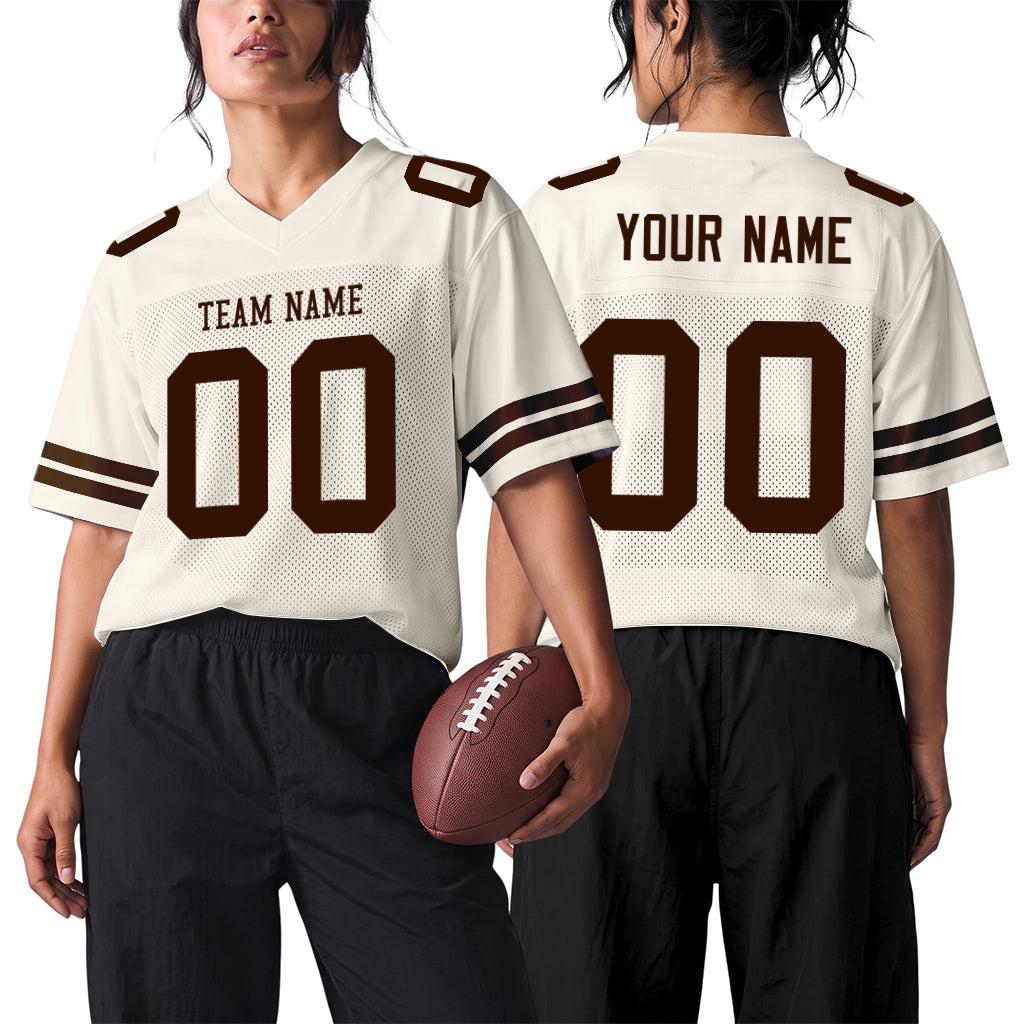 Custom Cream Brown Mesh Football Jersey