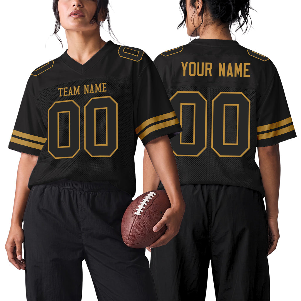 Custom Black Black-Old Gold Mesh Football Jersey