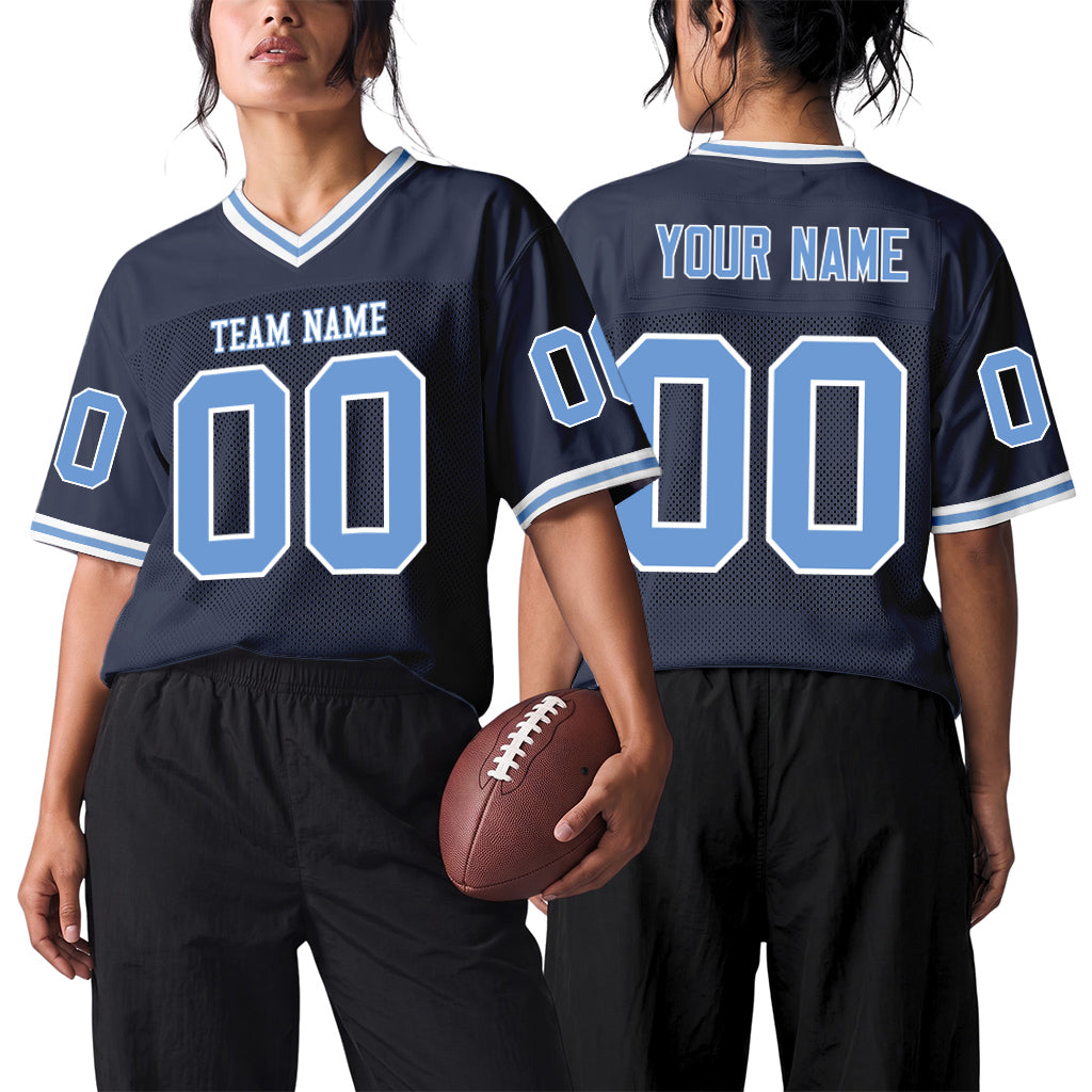Custom Navy Light Blue-White Mesh Football Jersey