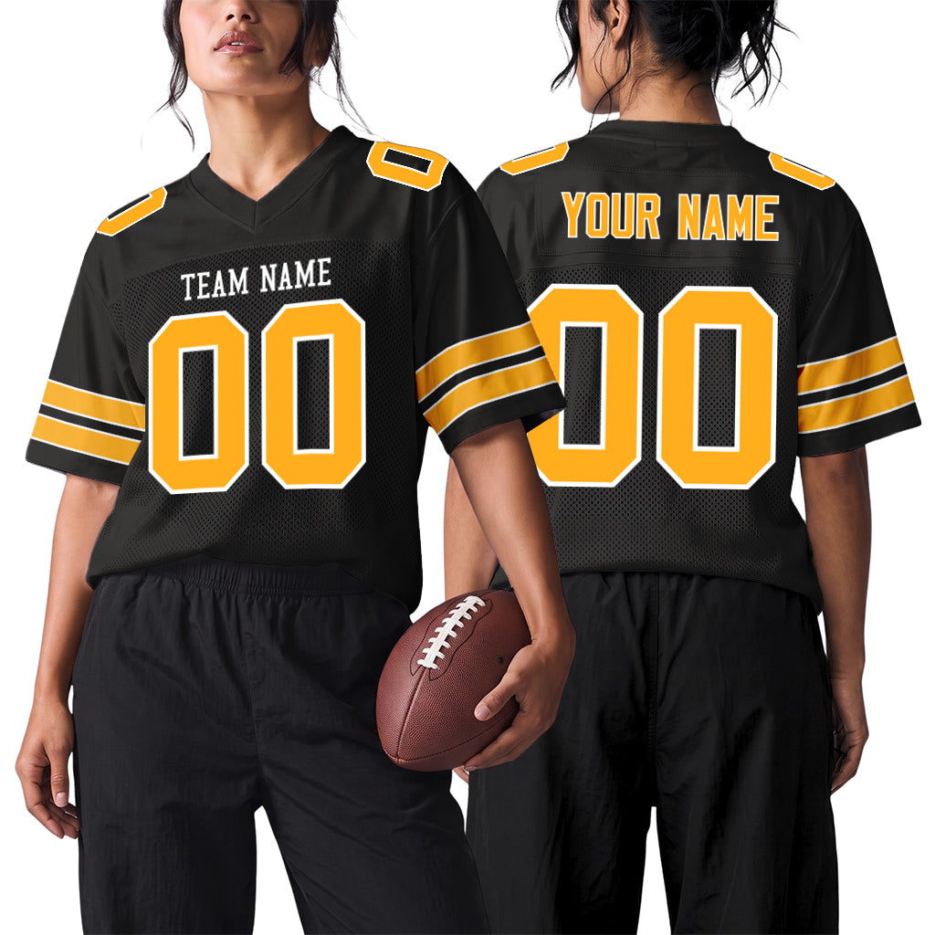 Custom Black White-Gold Mesh Football Jersey