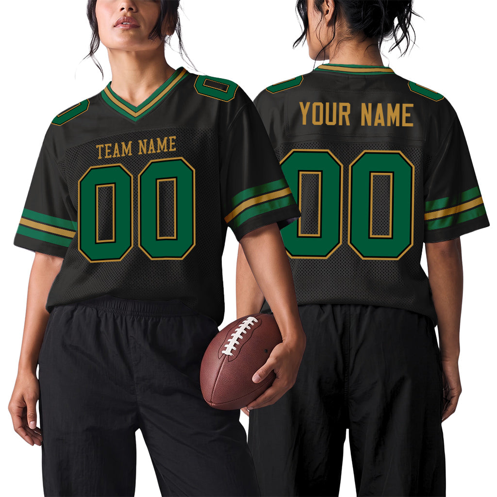 Custom Black Kelly Green-Old Gold Mesh Football Jersey