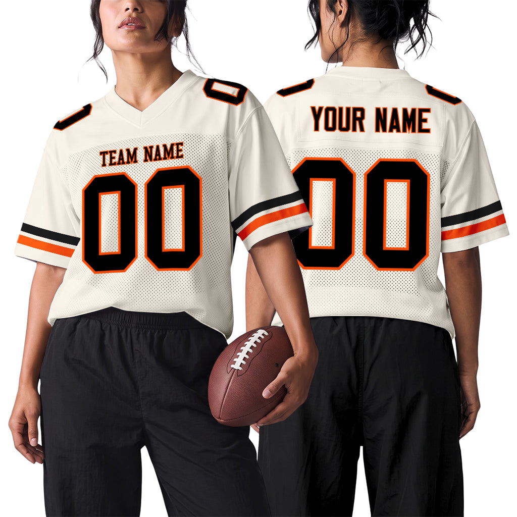 Custom Cream Black-Orange Mesh Football Jersey