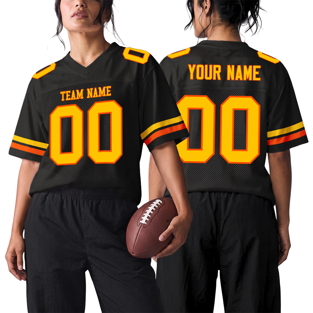 Custom Black Yellow-Orange Mesh Football Jersey