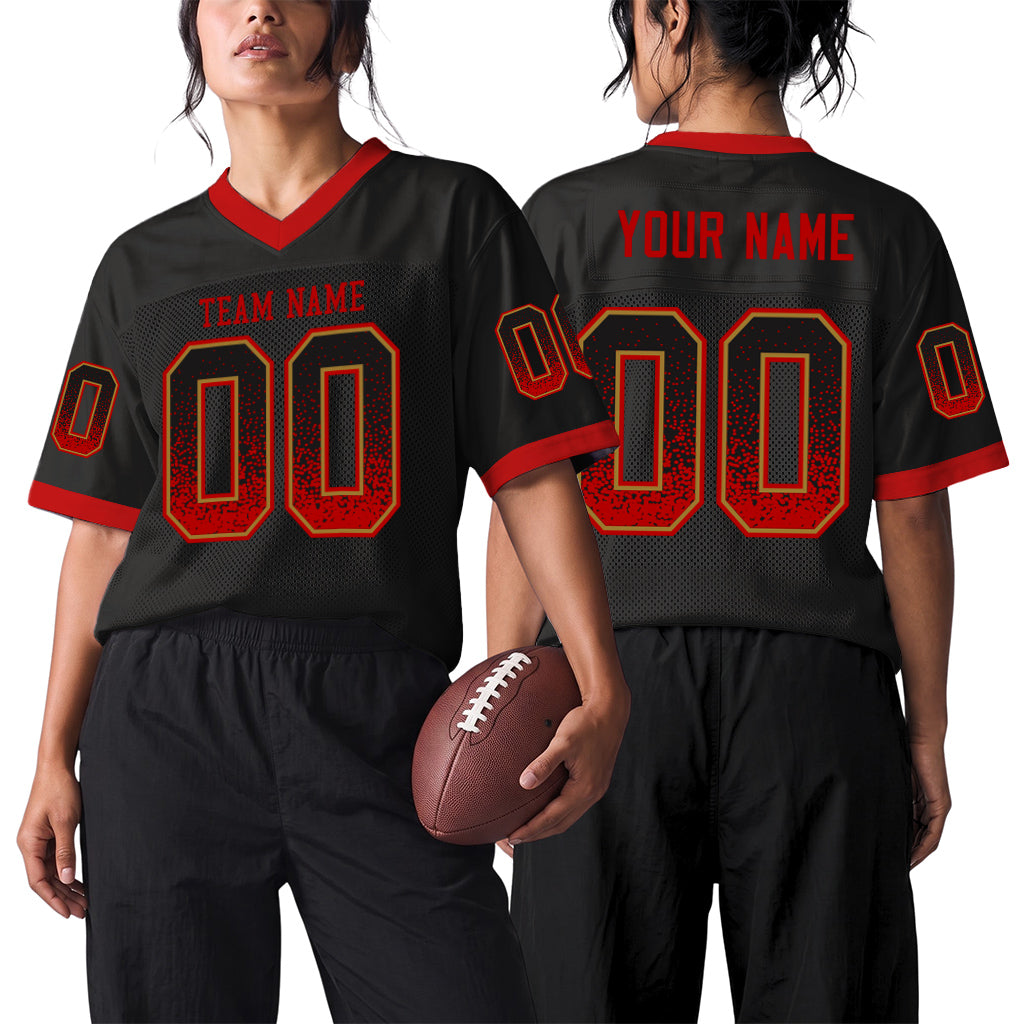 Custom Black Red-Old Gold Drift Fashion Custom Name Mesh Football Jersey